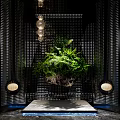 Hanging Green Plant Arrangement with Black Grid Background and Side Lights on Platform Base