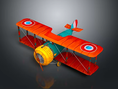 Colorful Aerospace Biplane Model With Orange Wings Blue Fuselage Red Tail Fin And Yellow Propeller 3d model