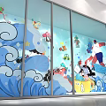 Vibrant Photo Spot With Glass Wall Colorful Cartoon Patterns Waves Stars And Cups