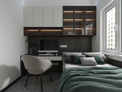 Tatami Bedroom Interior With Green Bedspread Pillows Desk Chair Window Potted Plant And Cabinets 3d model