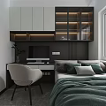 Tatami Bedroom Interior With Green Bedspread Pillows Desk Chair Window Potted Plant And Cabinets