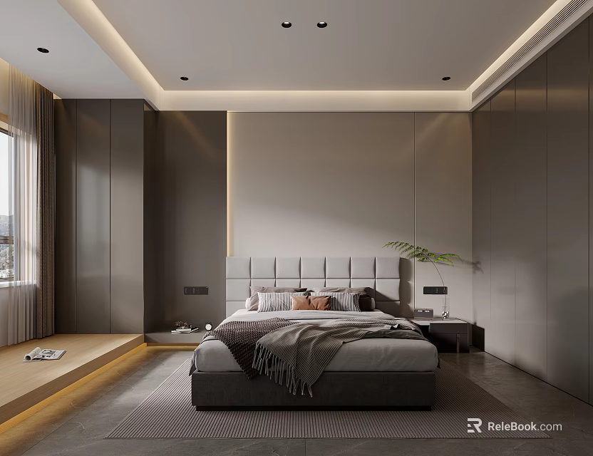 Modern Bedroom Interior Design With Upholstered Headboard Built in Wardrobes Recessed Lighting And Window Bench 3d model 