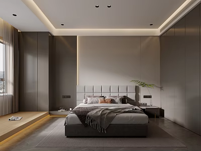 Modern Bedroom Interior Design With Upholstered Headboard Built in Wardrobes Recessed Lighting And Window Bench 3d model