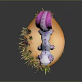 Blue Purple Creature With Pink Purple Decorative Tail In Green Orange Plants Grey Background