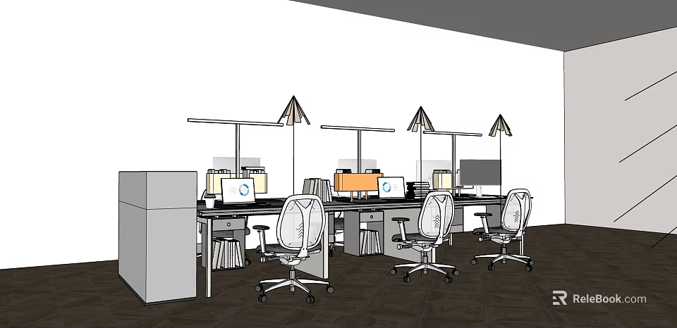 Modern Office Desk Workspace With Computer Monitors Office Chairs And Desk Lamps 3d model 