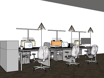 Modern Office Desk Workspace With Computer Monitors Office Chairs And Desk Lamps 3d model