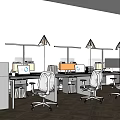 Modern Office Desk Workspace With Computer Monitors Office Chairs And Desk Lamps