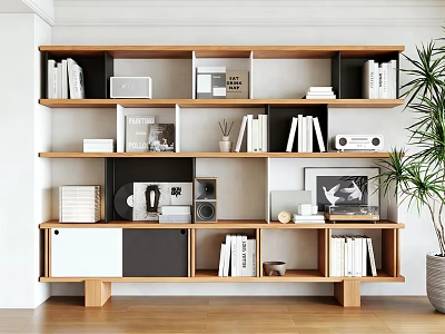 Modern Wooden Bookcase With Multiple Compartments Books Decorative Items Audio Equipment And Storage Boxes 3d model