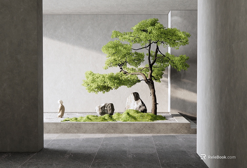 Modern Indoor Garden Feature With Pine Tree Stones Statue And Green Grass 3d model 