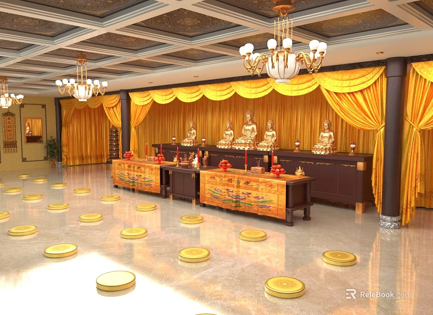Traditional Buddhist Hall Interior With Yellow Curtains Buddha Statues Altar Tables And Prayer Cushions 3d model 