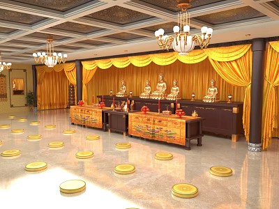 Traditional Buddhist Hall Interior With Yellow Curtains Buddha Statues Altar Tables And Prayer Cushions 3d model