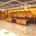 Traditional Buddhist Hall Interior With Yellow Curtains Buddha Statues Altar Tables And Prayer Cushions
