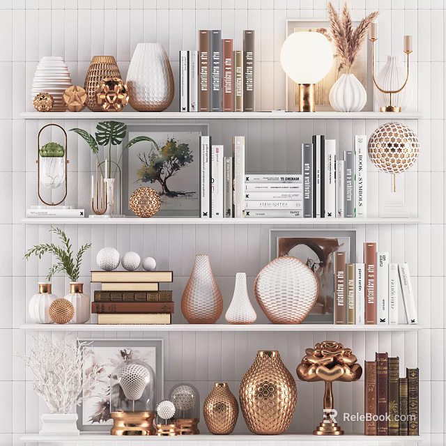Stylish Decorative Ornament Set With Shelves Books Vases Lamps And Plants 3d model 