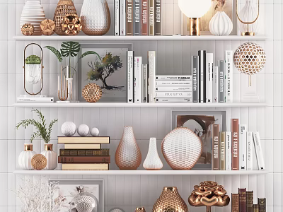 Stylish Decorative Ornament Set With Shelves Books Vases Lamps And Plants 3d model