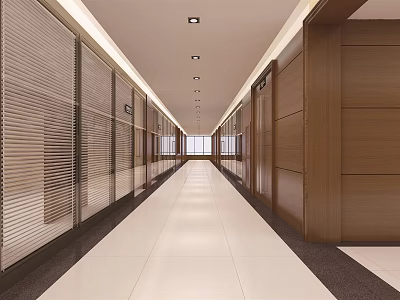 Modern Elevator Hallway Interior With Wooden Walls Glass Partitions And Recessed Lights 3d model