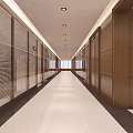 Modern Elevator Hallway Interior With Wooden Walls Glass Partitions And Recessed Lights