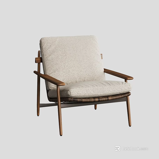 Stylish Modern Lounge Chair Featuring Wooden Frame And Linen Seat Cushion 3d model 
