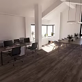 Modern Public Office Space Interior With Desks Computers Bookshelf Pendant Lights And Wooden Flooring