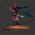 Red Haired Game Character In Blue And Red Outfit With Weapon Orange Aura And Red Gems
