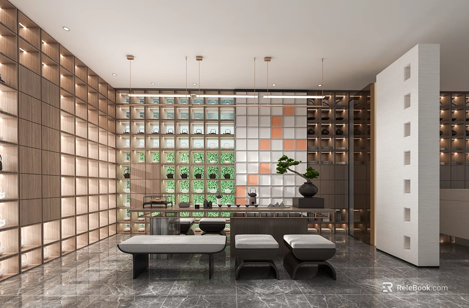 Minimalist Tea Room Interior Design With Wooden Grid Green Plant Wall And Tea Set Shelves 3d model 