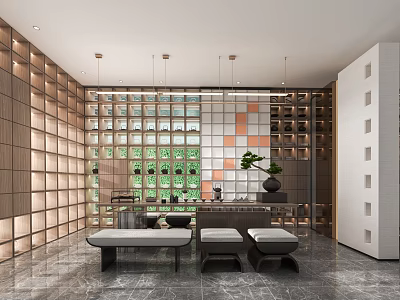 Minimalist Tea Room Interior Design With Wooden Grid Green Plant Wall And Tea Set Shelves 3d model