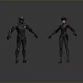 Futuristic Humanoid Beings in Dark Metallic Suits Standing with Glowing Details on Gray Reflective Surface