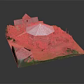 Detailed Architectural Model Featuring Stone Dome Structure with Adjacent House Green Plants and Pathway