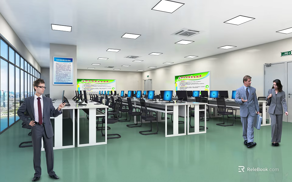 Well Lit Public Office Area With Rows Of Desks Computers Green Flooring And Workers 3d model 