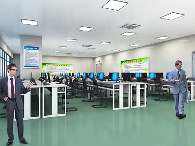 Well Lit Public Office Area With Rows Of Desks Computers Green Flooring And Workers 3d model