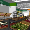 Organized Supermarket Grocery Store With Fresh Fruits Vegetables And Product Shelves