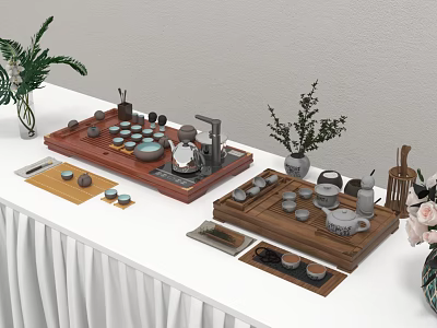 Traditional Teahouse Display With Wooden Tea Trays Ceramic Cups And Green Plants 3d model