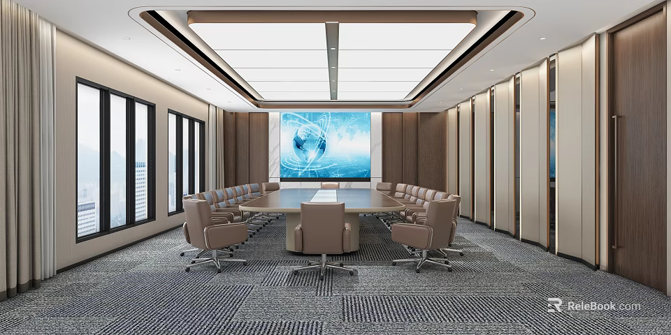 Modern Conference Room Interior Featuring Large Screen World Map And Ergonomic Chairs Around Table 3d model 
