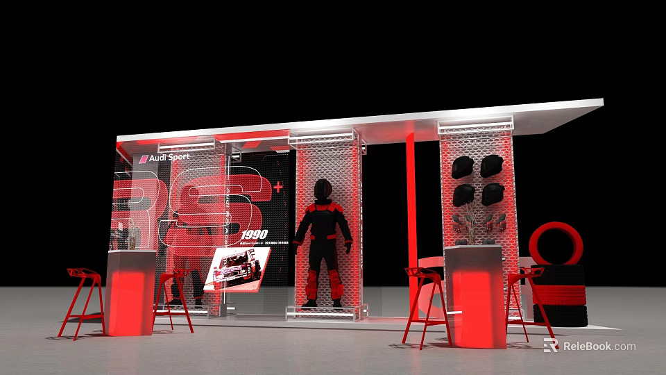 Modern Tech Exhibition Booth With Transparent Glass Red Elements And Humanoid Model 3d model