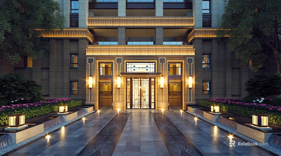 Elegant Main Entrance Gate With Classical Stone Columns Symmetrical Lighting And Landscaped Pathway 3d model 