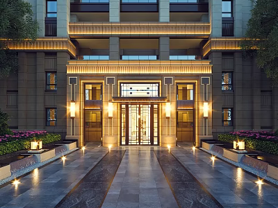 Elegant Main Entrance Gate With Classical Stone Columns Symmetrical Lighting And Landscaped Pathway 3d model