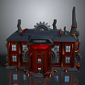 Steampunk Style Building with Gear Decorations Red Door Windows and Chimneys 3d model