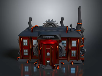 Steampunk Style Building with Gear Decorations Red Door Windows and Chimneys 3d model