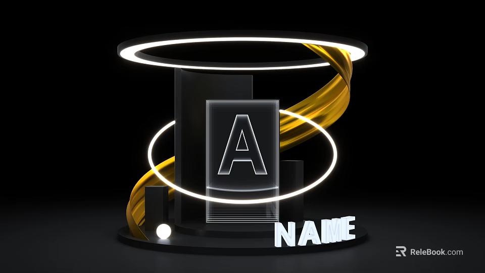 Modern 3D Display Stand With Transparent Block Letter A Gold Spiral And Neon Ring 3d model 