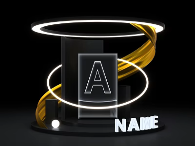 Modern 3D Display Stand With Transparent Block Letter A Gold Spiral And Neon Ring 3d model
