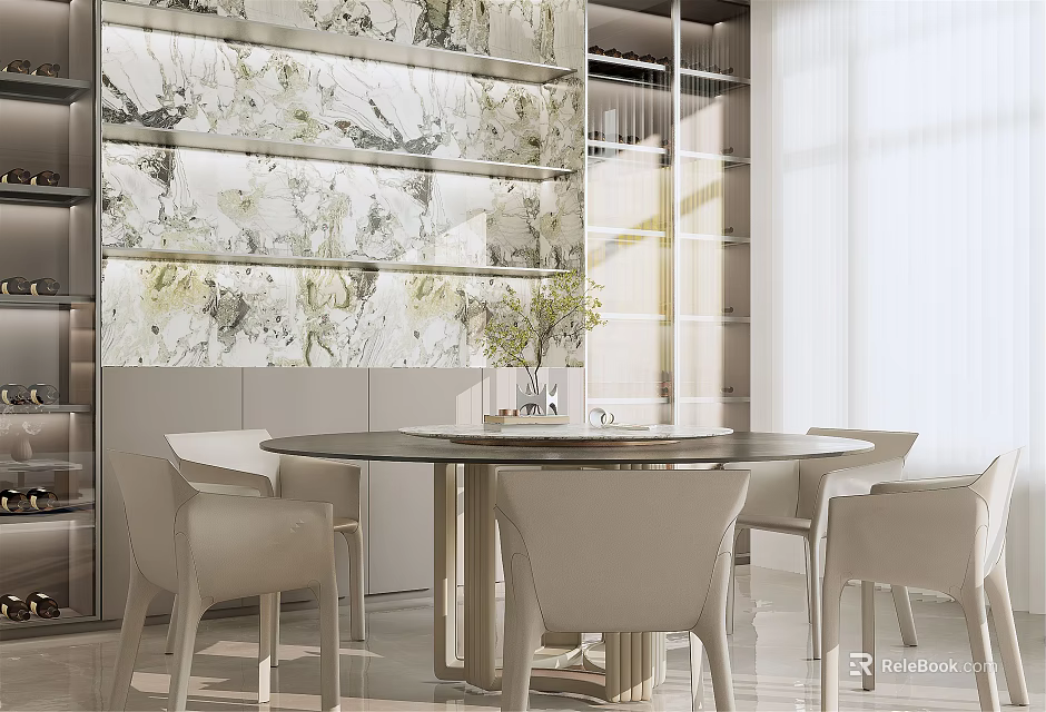 Modern Dining Room Interior Design With Round Table Beige Chairs And Patterned Wall 3d model