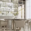 Modern Dining Room Interior Design With Round Table Beige Chairs And Patterned Wall 3d model