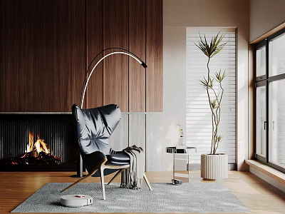 Modern Leather Accent Chair In Cozy Living Room With Fireplace And Floor Plant 3d model