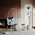 Modern Leather Accent Chair In Cozy Living Room With Fireplace And Floor Plant