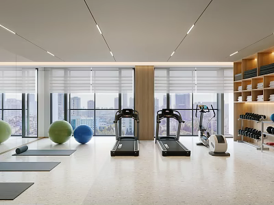 Bright Gym With Treadmills Yoga Mats Exercise Balls And Large Windows 3d model