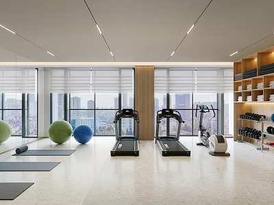 Bright Gym With Treadmills Yoga Mats Exercise Balls And Large Windows 3d model