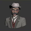 3D Male Character Bust With White Hat Mustache Gray Coat And Red Vest