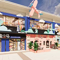 Vibrant Commercial Street With Colorful Shopfronts Outdoor Seating And Green Plants