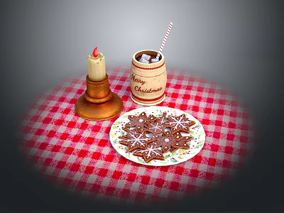 Christmas Table With Lit Candle Christmas Mug And Star Cookies On Red Checkered Cloth 3d model