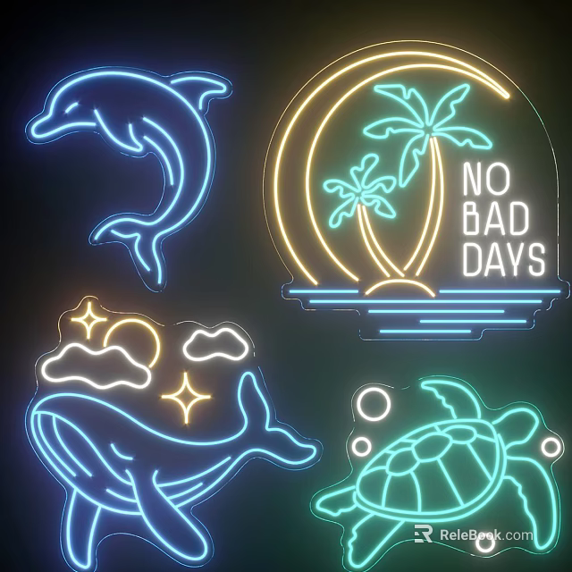 Neon Decorative Lights With Dolphin Moon Palm Trees Whale Turtle And NO BAD DAYS Text 3d model 