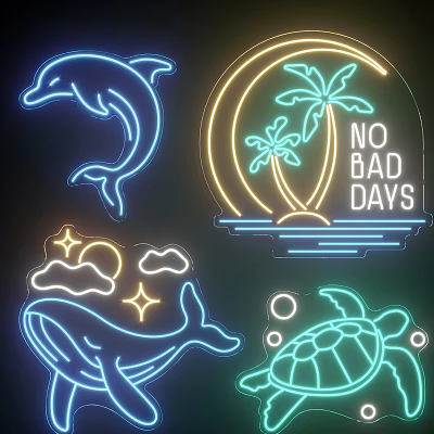 Neon Decorative Lights With Dolphin Moon Palm Trees Whale Turtle And NO BAD DAYS Text 3d model